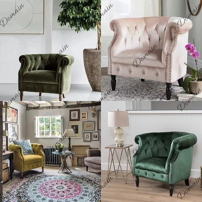 Nanyang Retro Velvet Single Sofa Chair Vintage Tufted Photography Chair Small Apartment Furniture