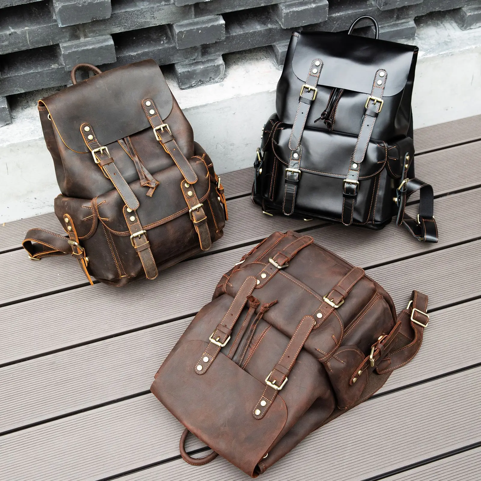 Retro Leder Herren Rucksack Oberschicht Rindsleder Reiserucksack Große Kapazität Schultasche Crazy Horse Leder Laptoptasche