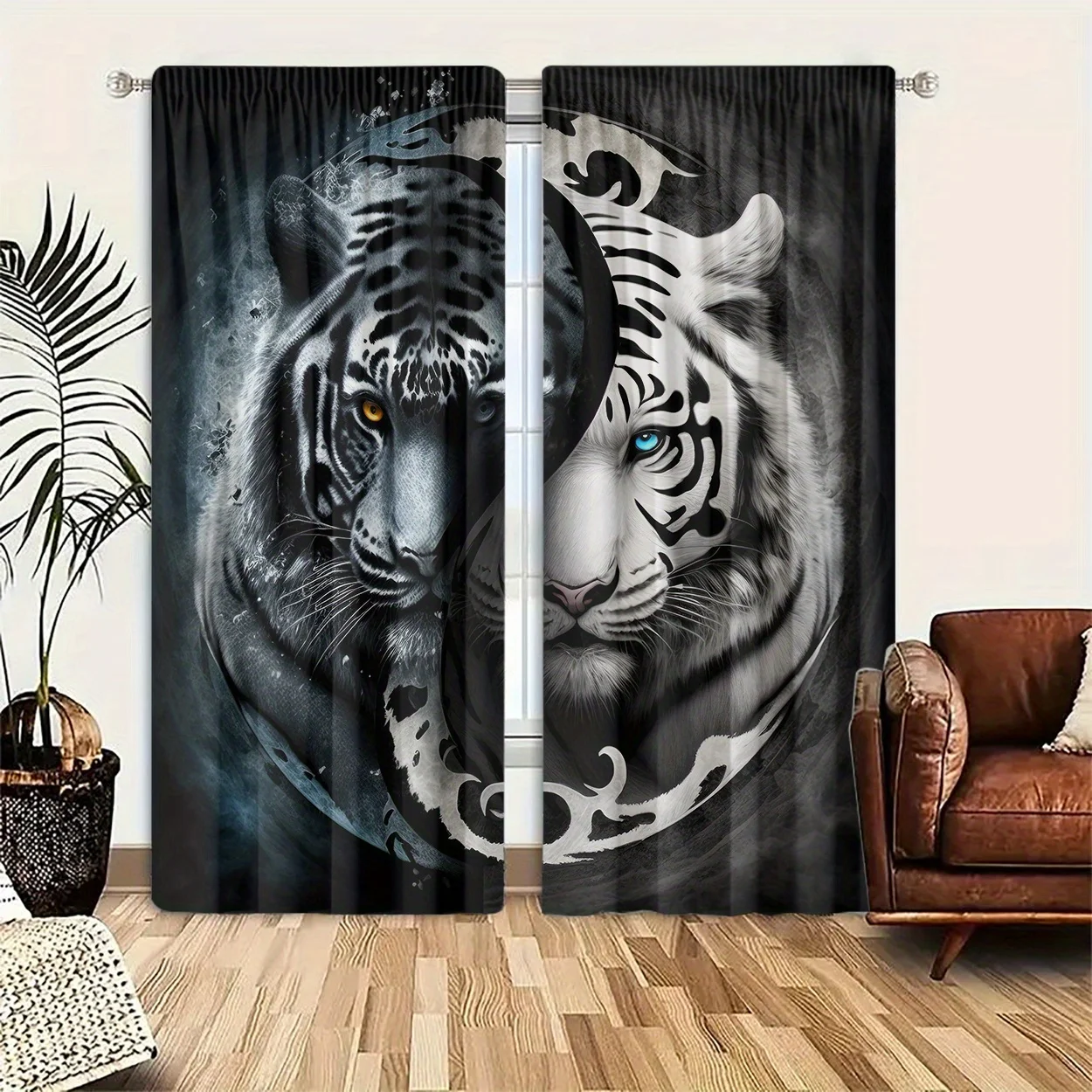 Yin Yang Tiger Curtains with Tai Chi Design, Mystical Animal Art Window Drapes for Living Room, Zen Style Blackout Curtains