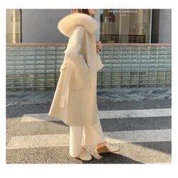 Natural Fox Fur Collar Hooded Cashmere Wool Blends Outerwear Real Fur Wool Coat Winter Jacket for Women Streetwear High Street