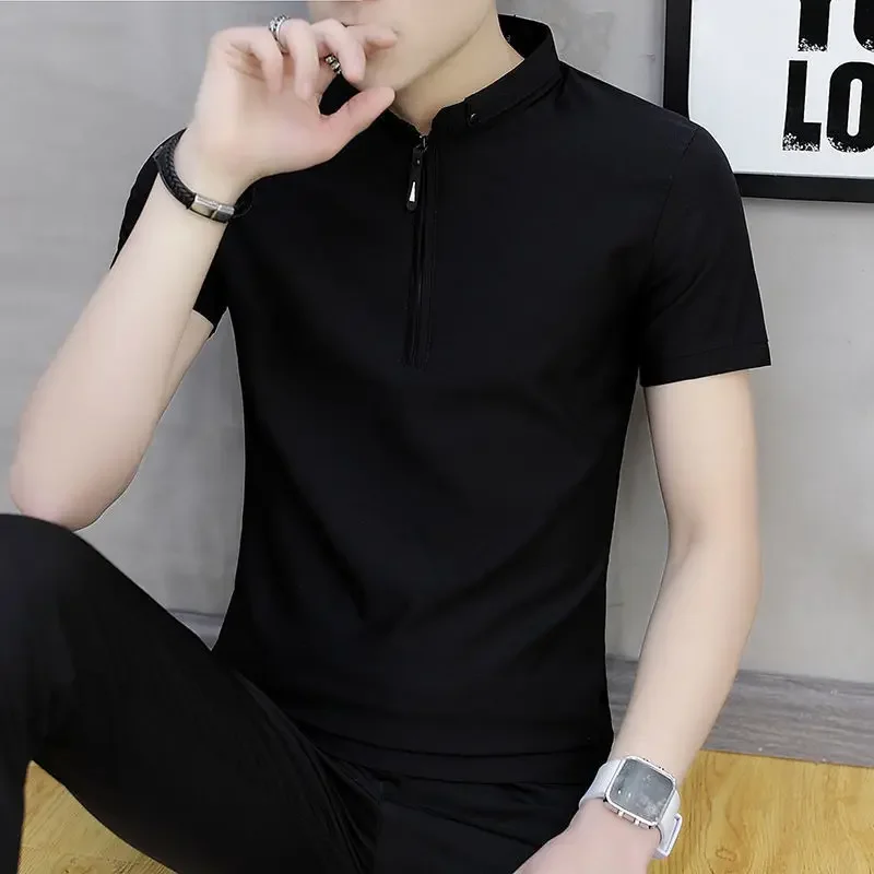 Men Short Sleeve Tops Polo Shirt Golf Shirt Half Zipper Summer Cotton Slim Korea Business Casual T-shirt Tees Lapel Tops Solid