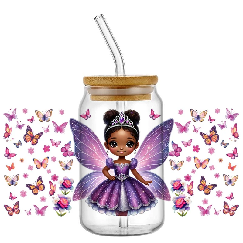 Black Girl Elf Decal Washable UV DTF Cup Wrap for 16oz Libbey Glasses DIY Little Fairy Pattern Mug Transfer Sticker