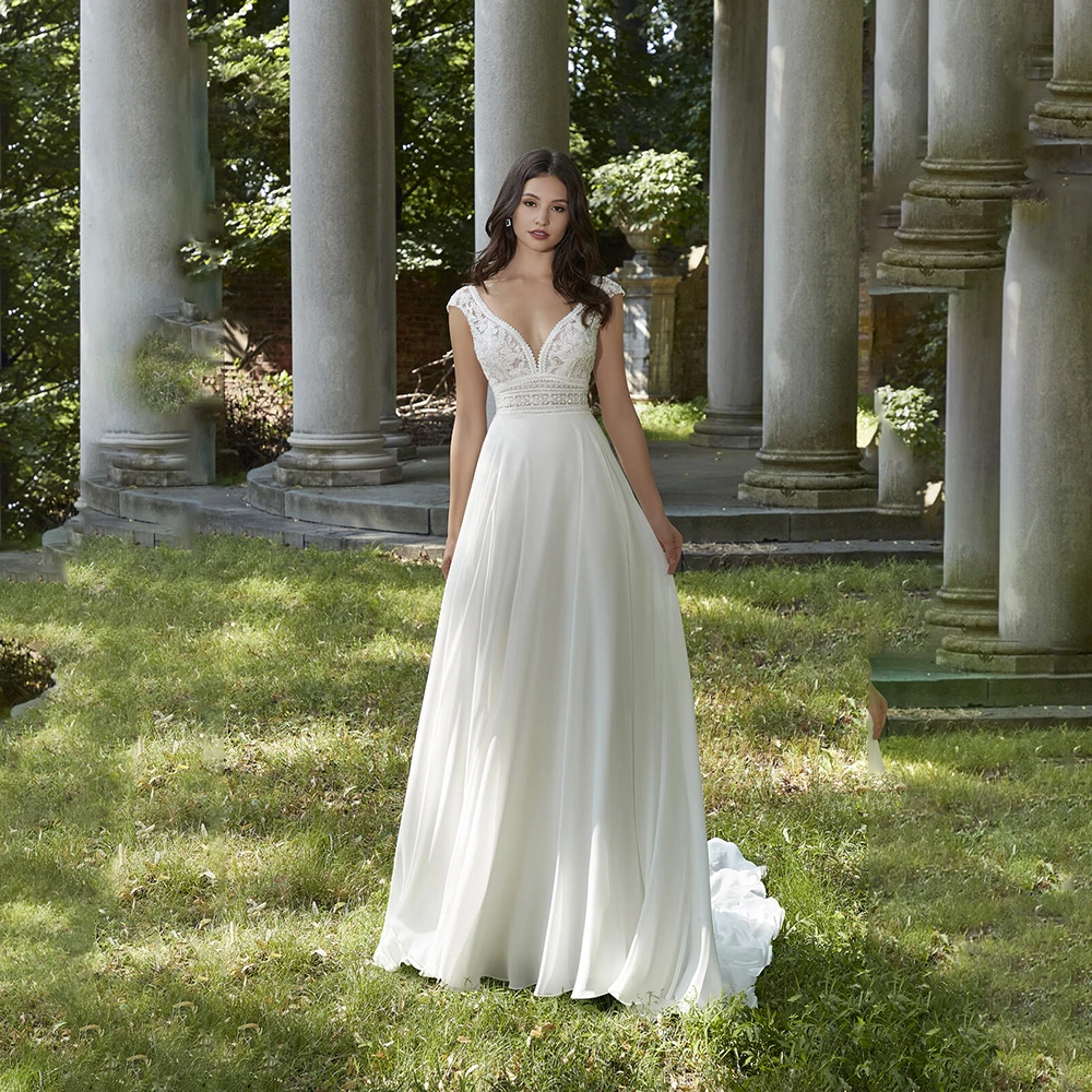 ZIBUYU Aangepaste elegante romantische trouwjurk V-hals Kapmouw Kant Mouwloos Appliqué A-lijn Sweep Trein 2025, Bruidsjurk