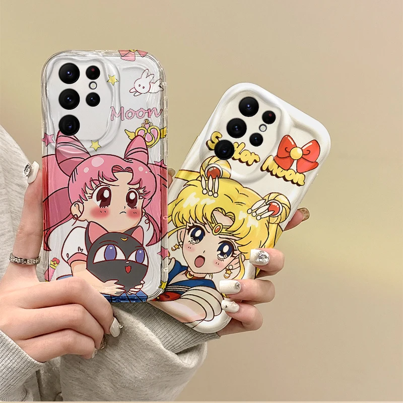 Cute Cartoon S-Sailor Moons Phone Case for Samsung Galaxy S25 S24 S23 S22 Ultra Plus S21 FE A73 A72 A55 A54 TPU Shockproof Cover