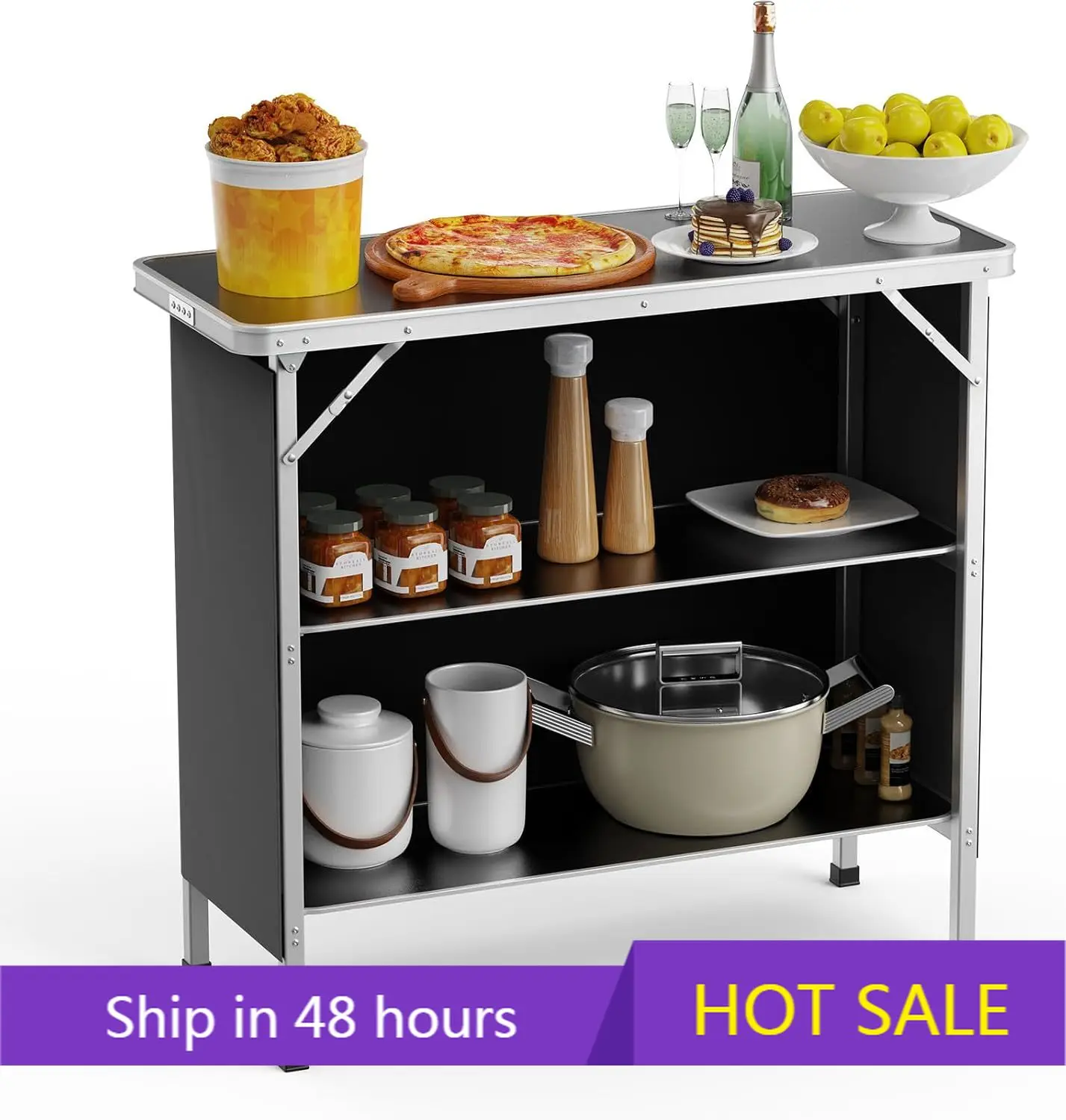 

POWER LEAP Danlong Folding Portable Bar Table, 2-Tier Shelves, Mobile Bar Table For Events, Party, Camping, Picnic, Indoor With