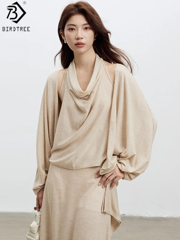 

Birdtree 28,8% овечьей шерсти, 3% шелковый вязаный халат, женский шерстяной шелковый халат с длинными рукавами, осенний свободный кардиган, топы T58809JF