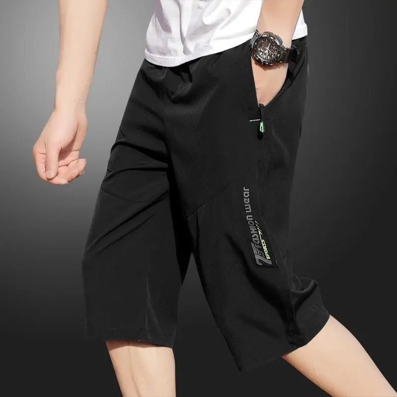 Shorts masculinos de trabalho, calças na altura do joelho, bolsos com zíper, shorts de verão, caminhadas, corrida, cintura elástica, shorts casuais