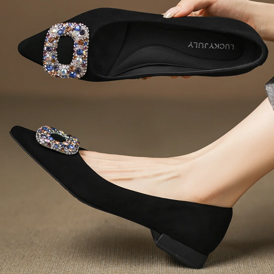 

Danxuefei женские туфли без шнуровки из натуральной замши с острым носком и кристаллической пряжкой, элегантные женские мягкие удобные туфли большого качества