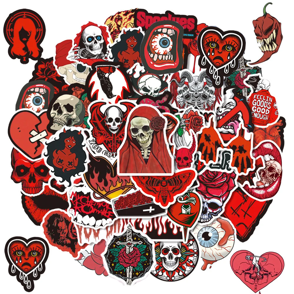 10/30/50pcs Horror Black Red Style Gothic Stickers Thrill Skull Head Cartoon Decals DIY Phone Laptop Skateboard Graffiti Sticker