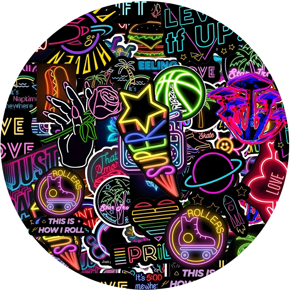 

10/30/50pcs Funny Cartoon Neon Light Stickers Waterproof Graffiti DIY Laptop Phone Skateboard Guitar Decals Decoration Supplies