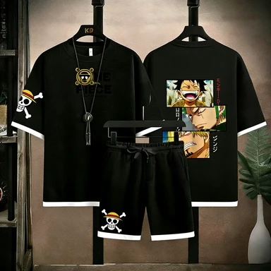 

One Piece Tee & Shorts Set, Casual Summer Cotton Outfit, Breathable Anime Streetwear Loungewear for Men Women Daily Wear