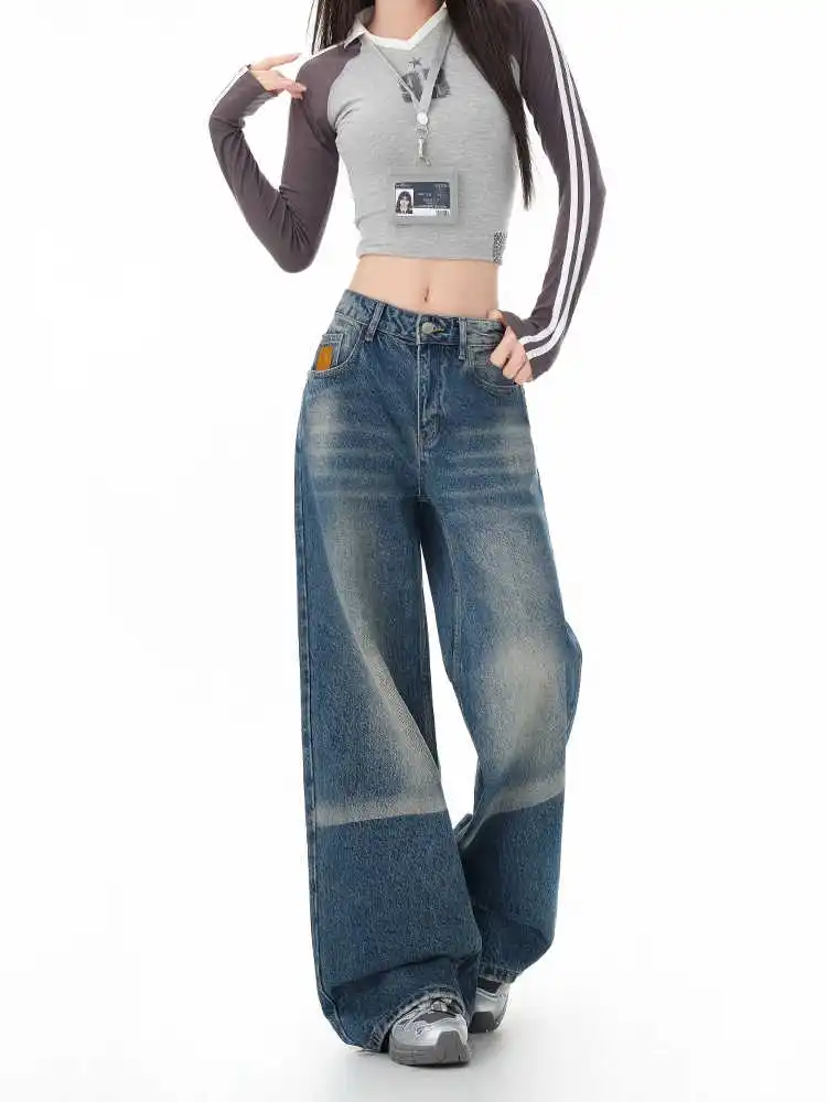 Preto de cintura alta calças de brim femininas vintage em linha reta casual baggy punk hip hop y2k rua americana perna larga calças jeans femininas
