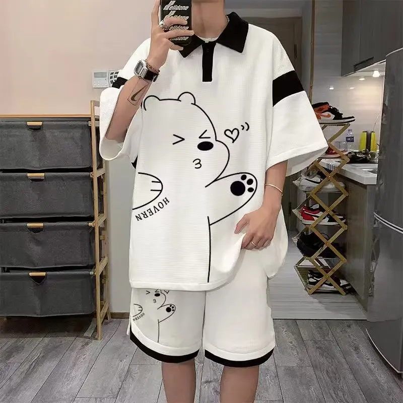 Summer Men Tracksuit Japan Cartoon Streetwear Cool Bear Printed Waffle Shirts Shorts 2 Piece Set Hip Hop Casual Short Suit 2024