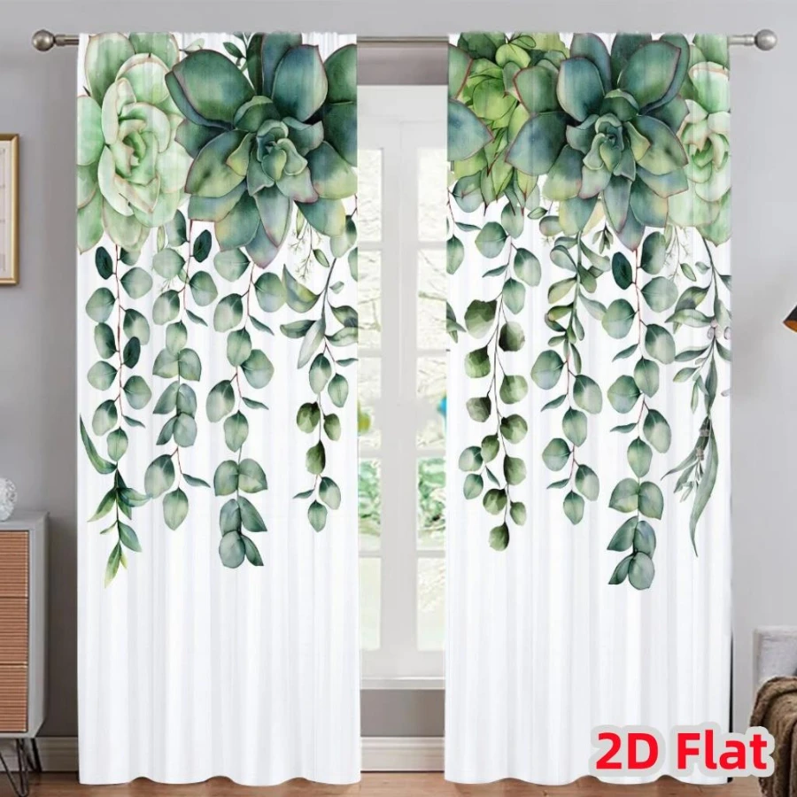 2PCS Digital Printed Curtains, Succulent Plant Leaf Green Botanical, Modern Home Decor Style for Living Room Bedroom Decor