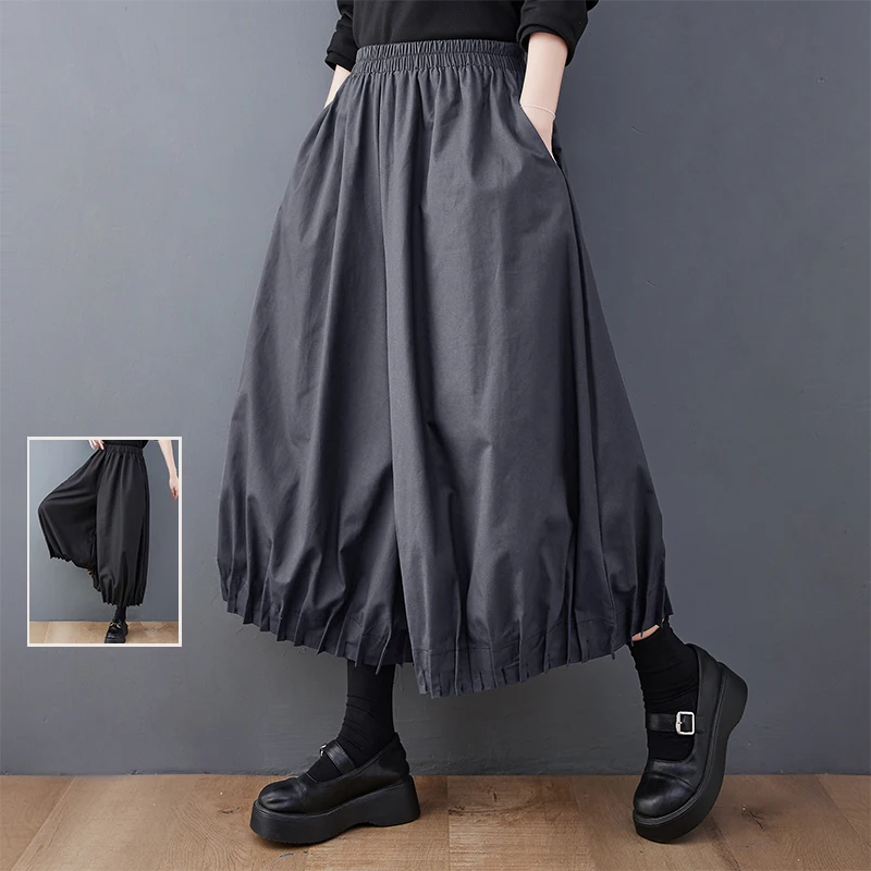 Plus Size Pleat Solid High Waist Wide Leg Pants Chubby Girl Plus size women clothing Elastic Waist Big Thick Leg Cropped Stra...