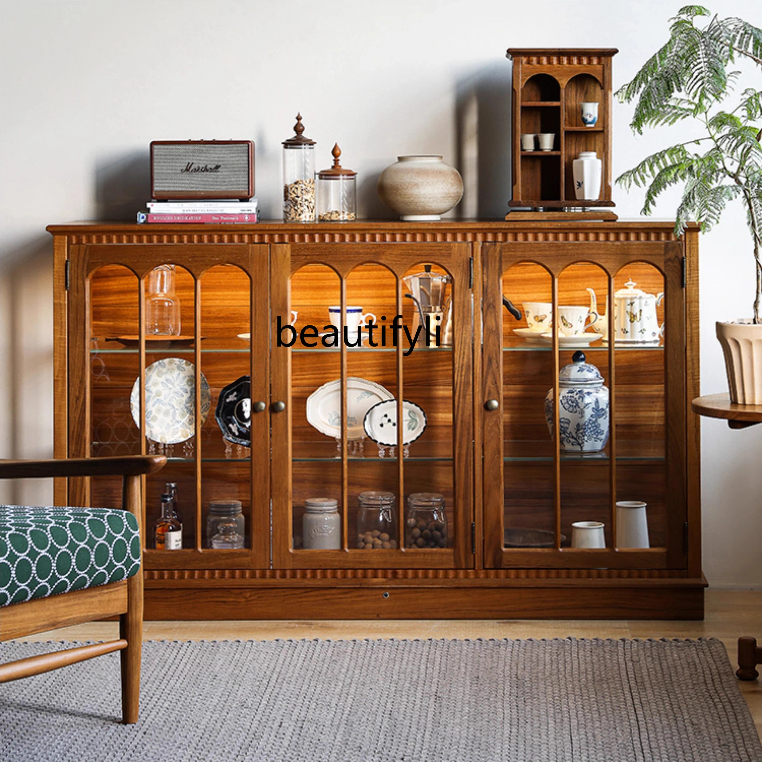 

Vintage Sideboard Cabinet All Solid Wood Retro Glass Wine Cabinet Teak Tea Set Porcelain Storage Display Cabinet