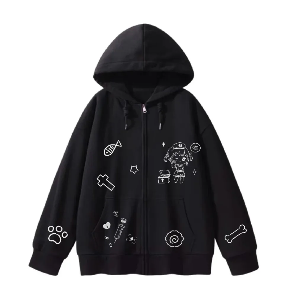 High Quality Cotton Jacket Oversized Hoodies Cat Nurse Japanese Anime Printed Sweatshirt Coat Loose Autumn E-girl Kawaii Clothes