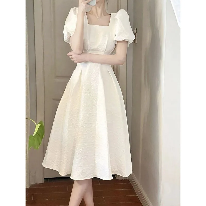 

Summer French White Long Skirt Children Dress Square Collar Waist Slimming Temperament Dress