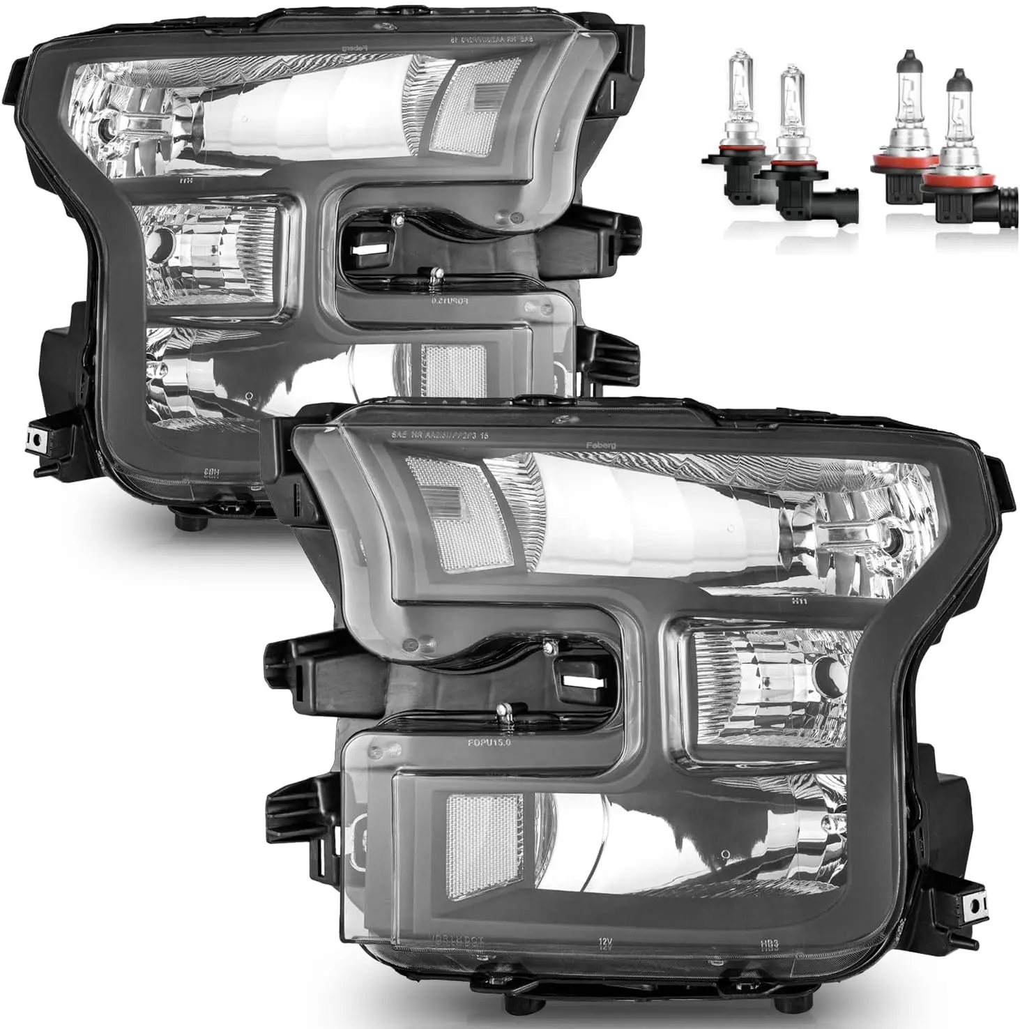 Halogen Headlamp Assembly Replacement for 2015-2017 F150, Includes High and Low Beam Bulbs, Driver and Passenger Side