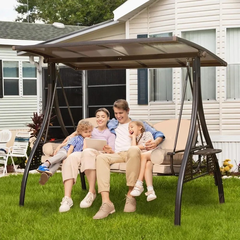 

3-Seat Outdoor Porch Swing with Hardtop, 2 Side Cup Holder & Pillows, Thickened Cushions, Outdoor Swing