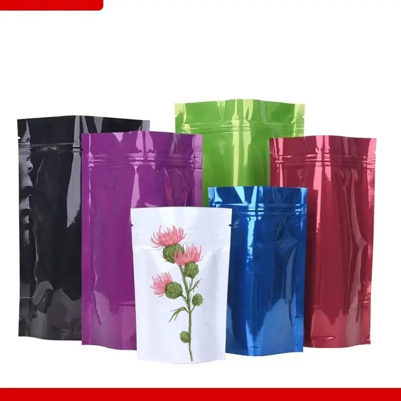 100pcs Colorful Aluminum Foil Bags Self-Sealing Food Gift Wraps Red Green Black Blue White Logo Printed Packaging