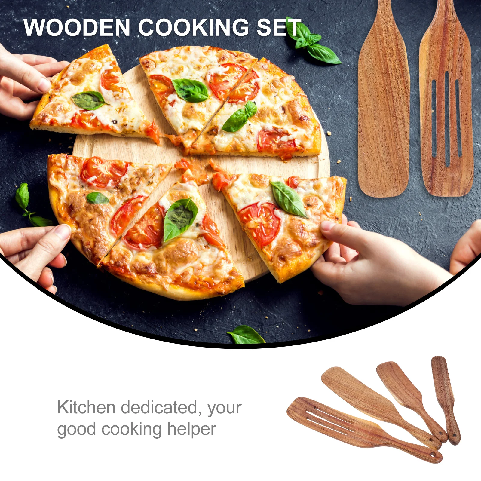 

4Pcs Kitchen Utensils Set Wooden Turner Spatula for Cooking Slotted Turner Salad Shovel Heat Insulated Handle Premium Wood
