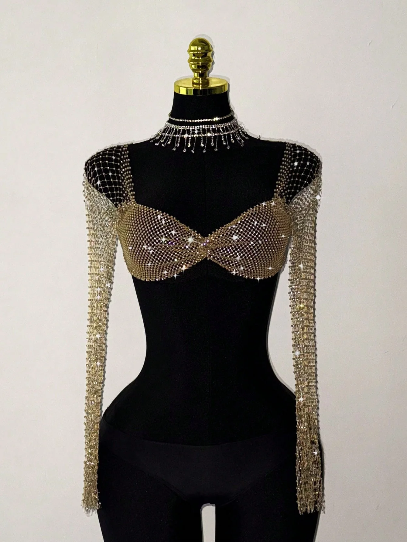 Elegant Rhinestone Mesh Long Sleeve Crop Top For Women Sexy Transparent Hollow Fishnet V Neck T Shirt Rave Beach Party Camisole