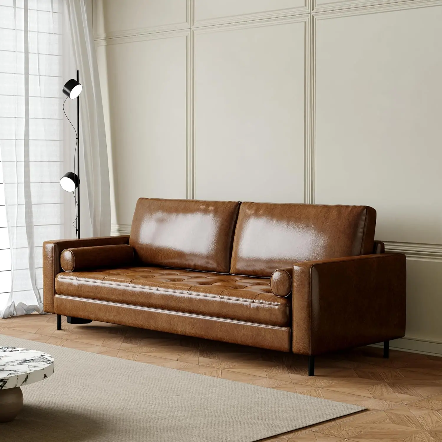

Modern Tan Leather Sofa Couch for Living Room – 3 Seater Comfy Sofa, Small Couch for Apartment, Office Sofa &, Customized