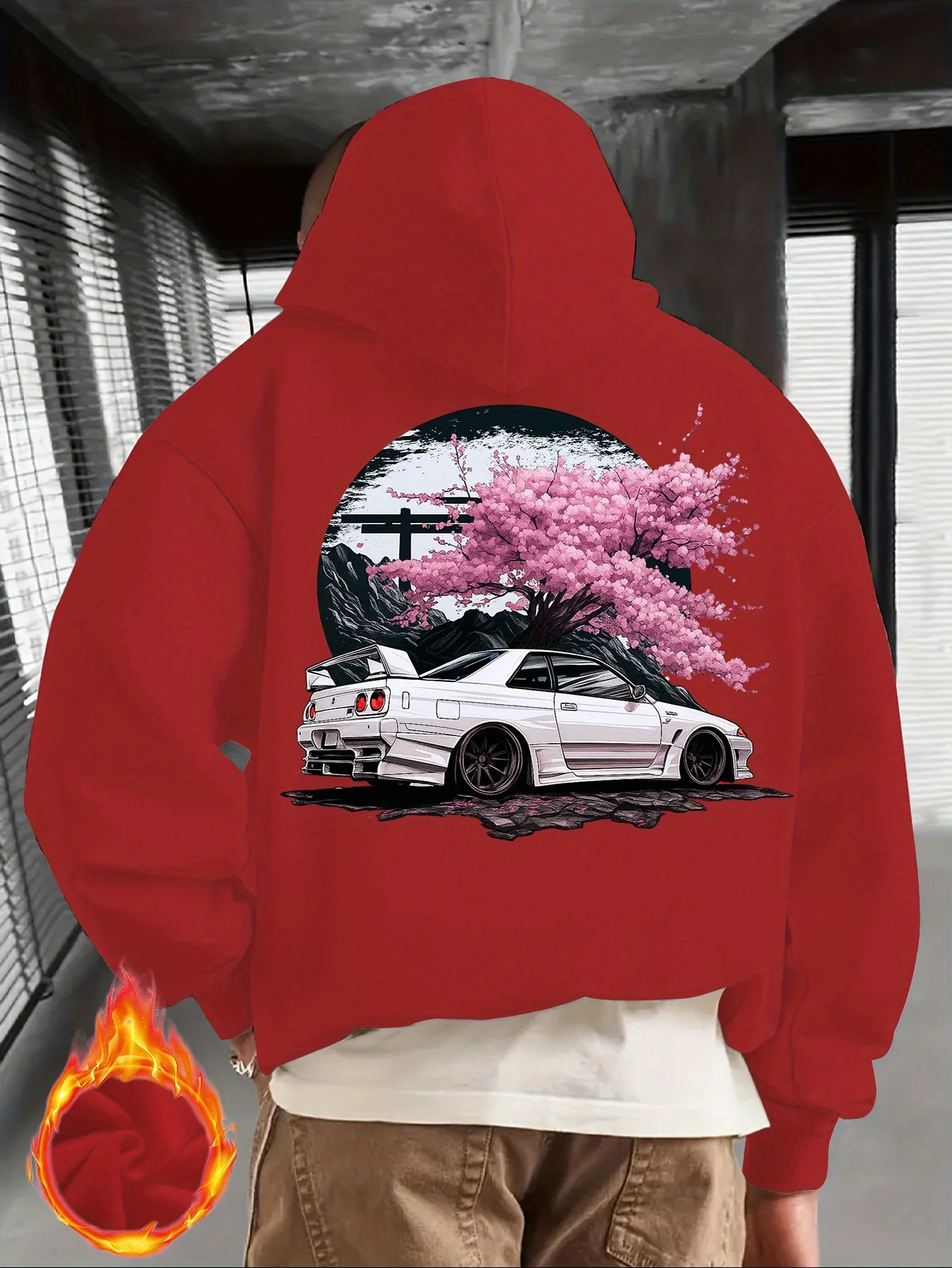 Japanese Style Hoodie Black Cotton Anime Car Design with Pink Cherry Blossom and Mountain Landscape Print Long Sleeve Casual