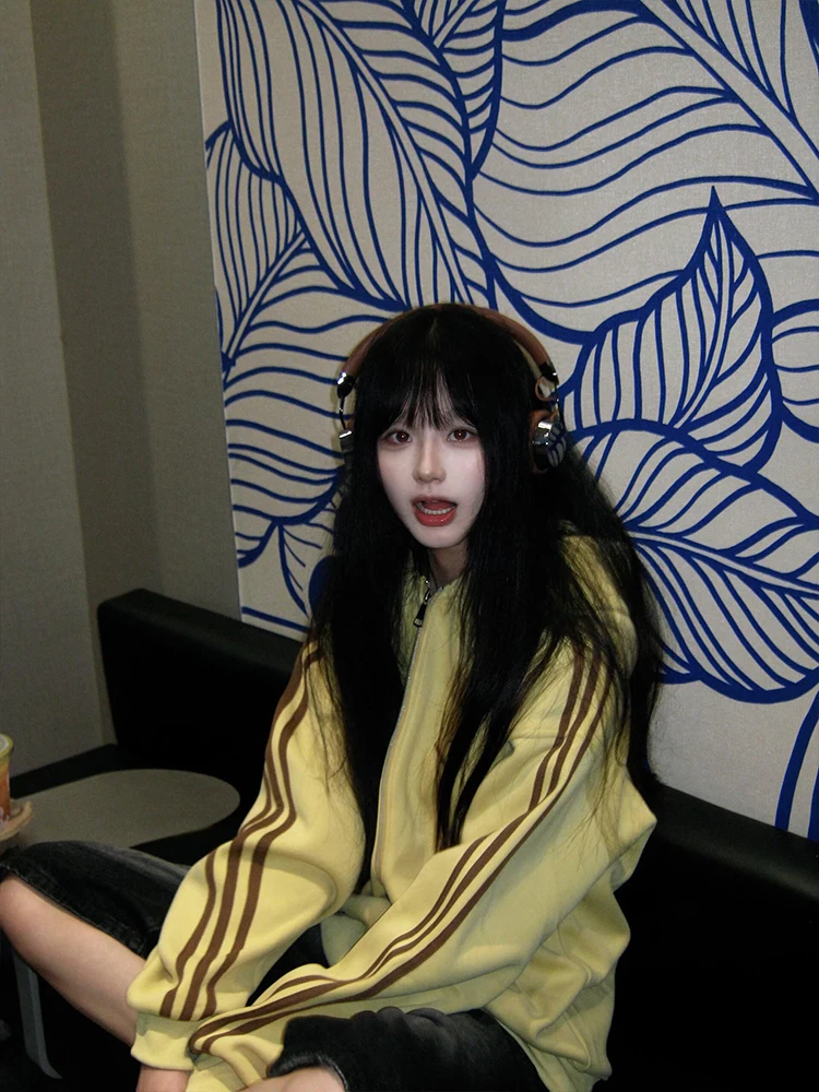 Amarelo orelha design hoodie zíper solto feminino primavera outono t-listras preguiçoso chique aberto cardigan jaet rua sle