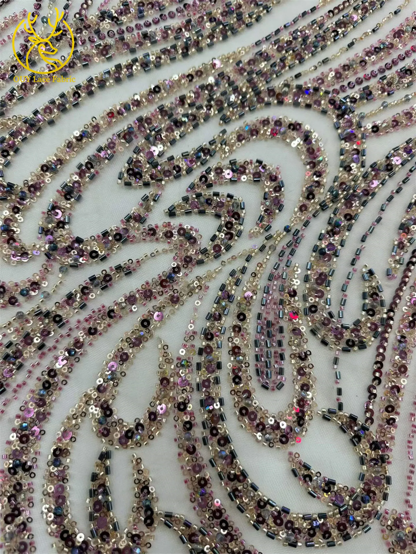 Afrikanischer handgefertigter, stark perlenbesetzter Tüll-Stickerei-Spitzenstoff, französischer Pailletten-Spitzenstoff für nigerianische Hochzeitskleider – Detail 9
