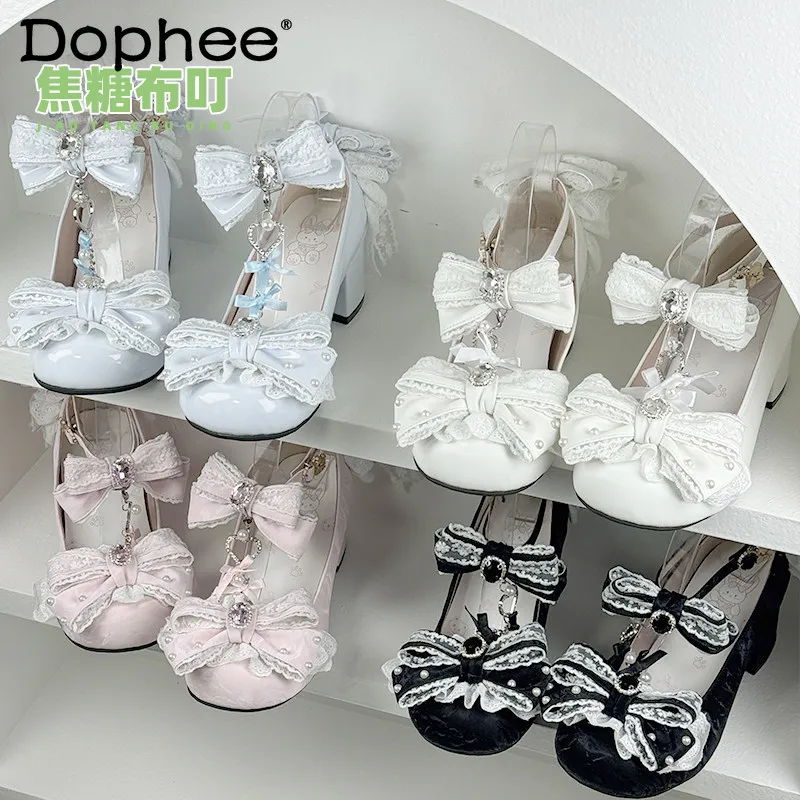 

Original Lolita Cute Mary Jane Shoes Spring and Summer New Japanese Women's Sweet Elegant Bow Lace Stitching Lo High Heel Pumps