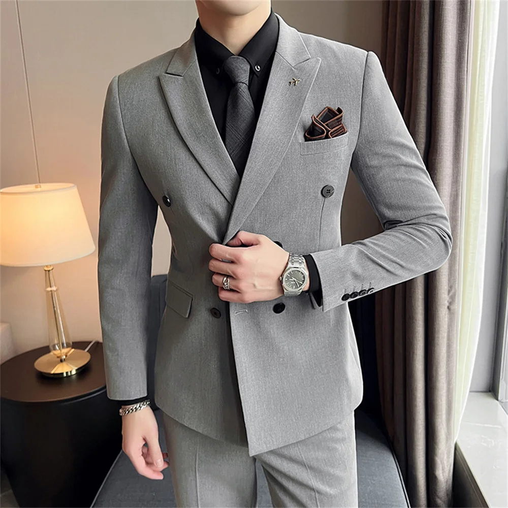 Solid color plus-size suit men's business formal Korean double-breasted three-piece men's fashion suit