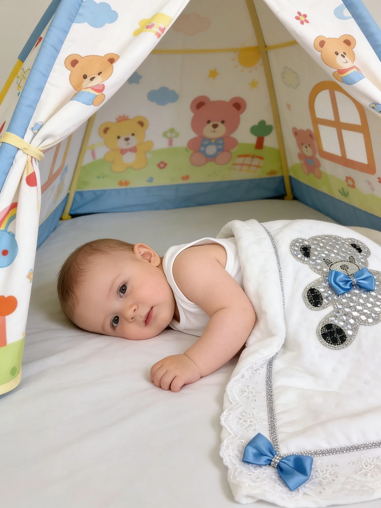 愛らしい男の子用白と青のテディベアおくるみ-ラインストーンのリボン-写真撮影やベビーシャワーに最適