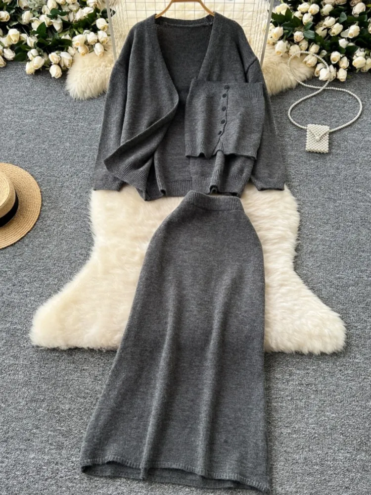 Elegant Knitted 3 pieces Set Single Breasted Strapless Vest Long Sleeve Cardigan + A-Line Solid Skirt Autumn Y2K Casual Outfits