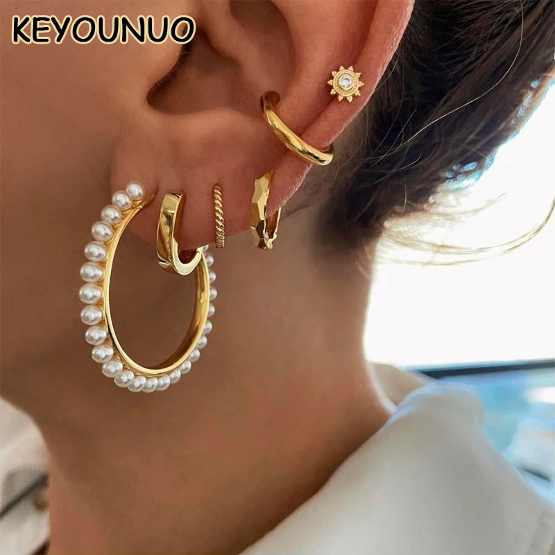 KEYOUNUO Gold Silver Filled Stud Hoop Earrings Set For Women Ear Cuffs Women's Pearl Thread Earrings Party Jewelry Wholesale