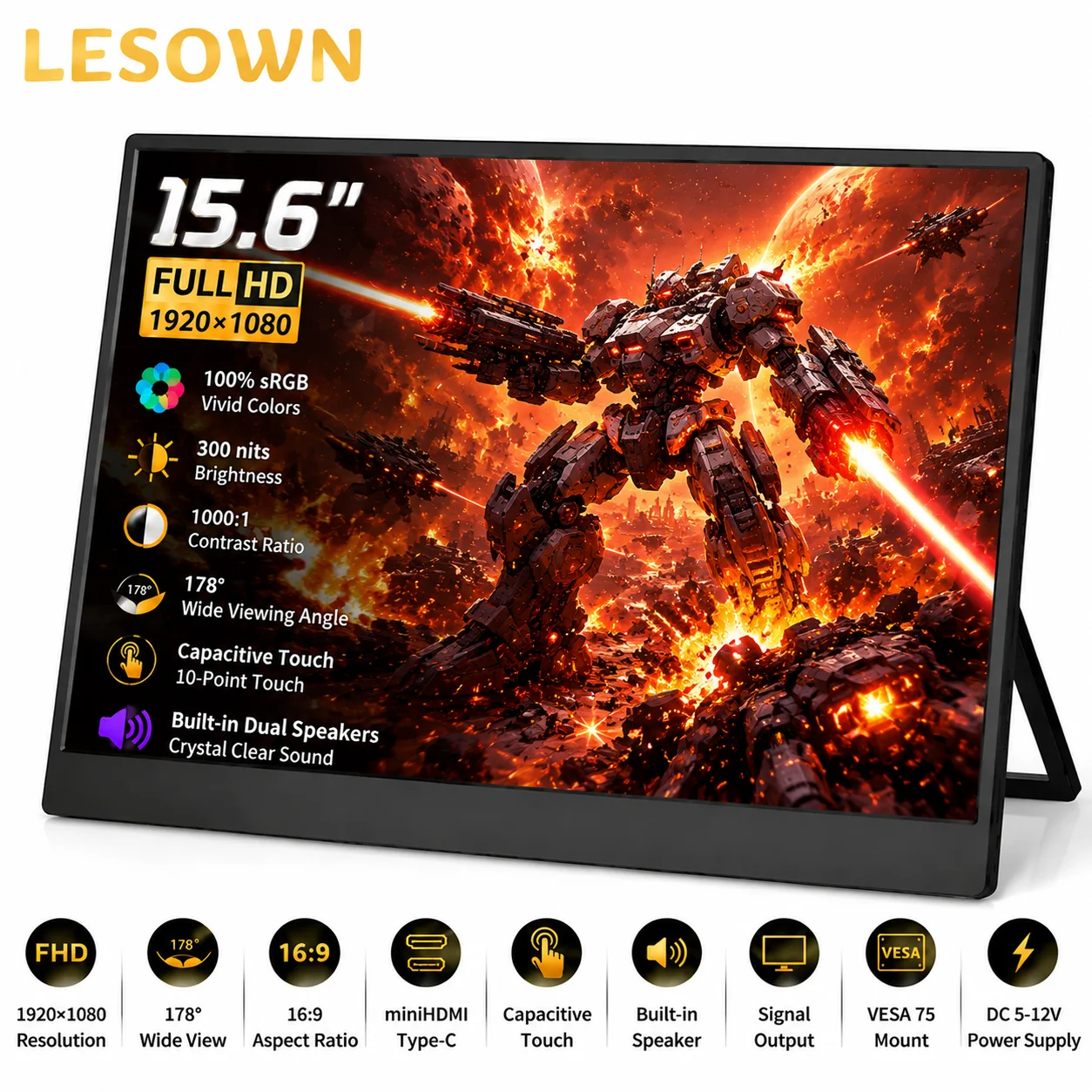 LESOWN 15.6 Inch Second Touch Screen 1080P Mobile Display Driverless High Definition Monitor for Business Travel