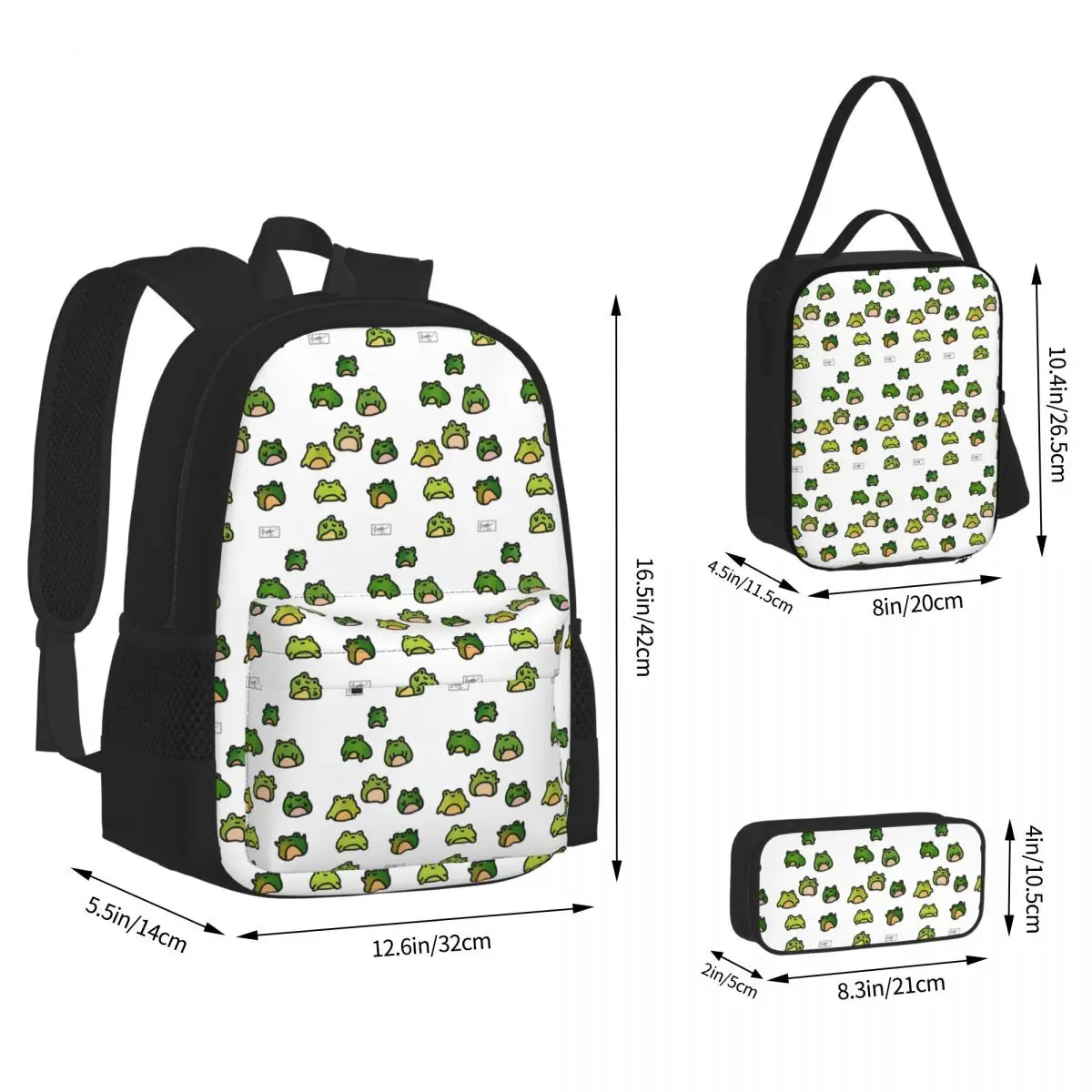 Frogs Doodle Backpacks Kids Bookbag School Bags Rucksack Lunch Bag Pen Bag Three-Piece Set