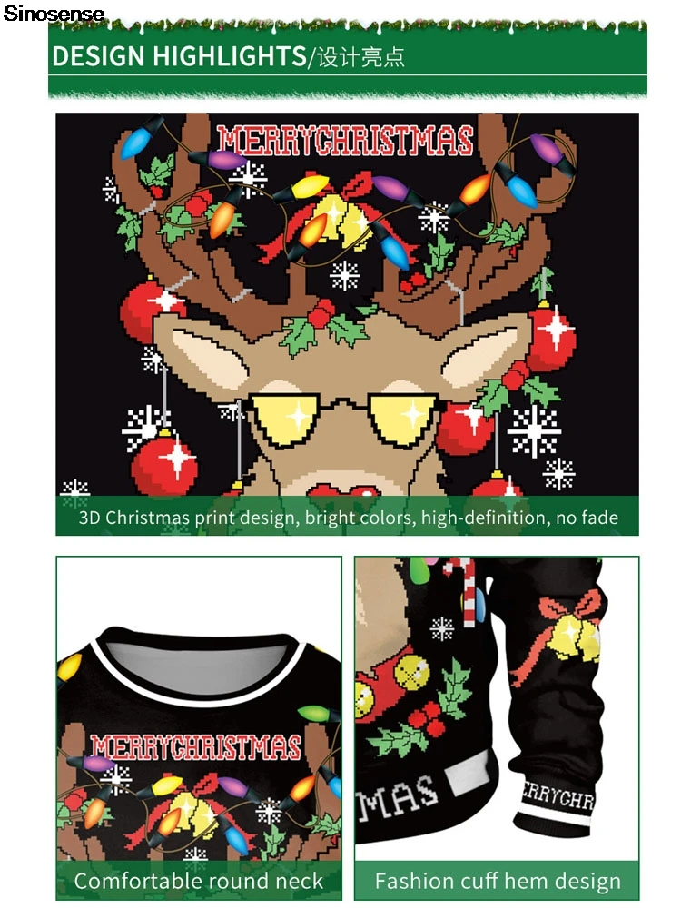 남성 여성 끈적 끈적한 크리스마스 운동복 3D 재미 있은 인쇄 휴일 파티 점퍼 탑 커플 풀오버 순록 추악한 크리스마스 스웨터