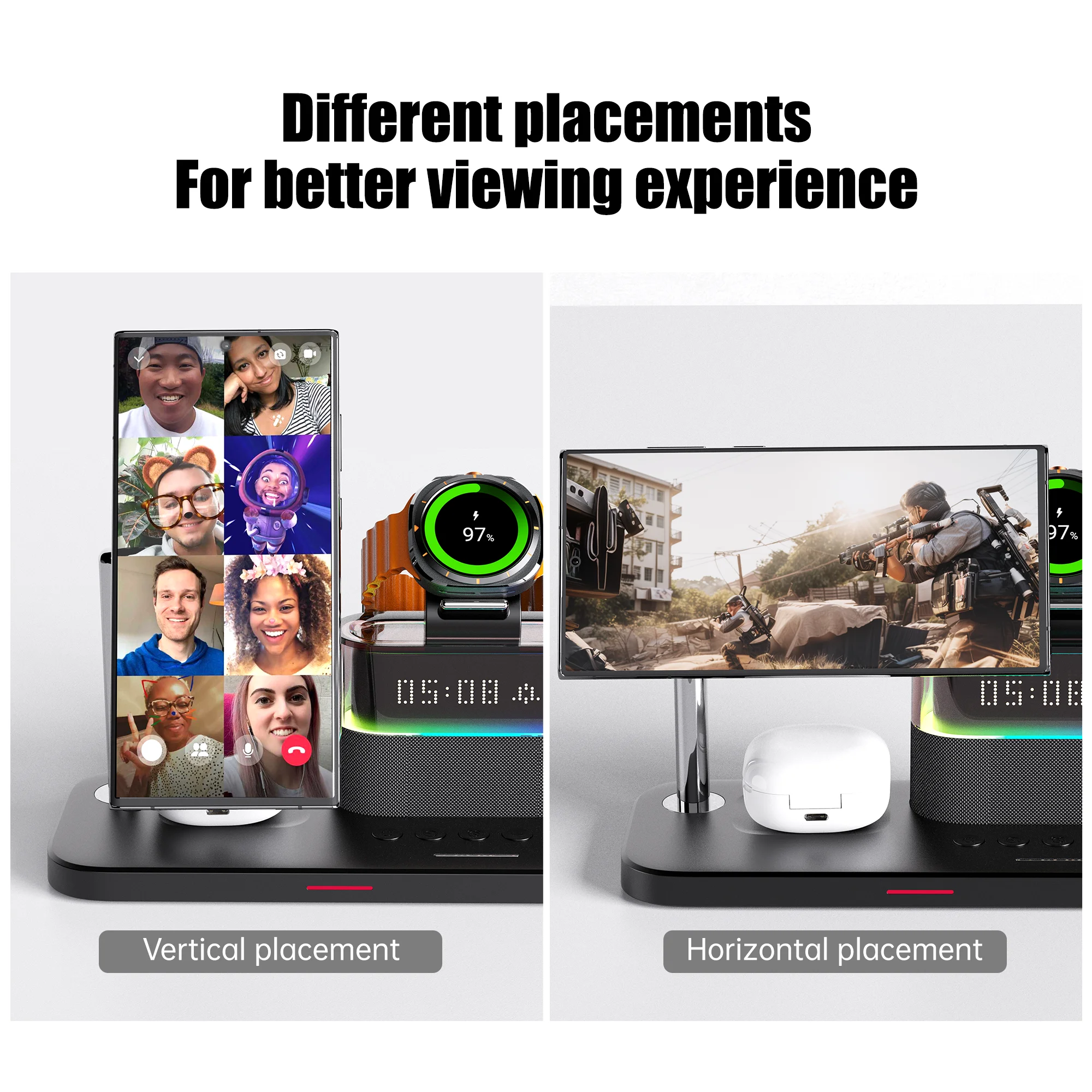 5-In-1 Magnetic Wireless Charging Station QI Certified RGB Light Clock Alarm For Phone Earbuds Samsung Galaxy Watch