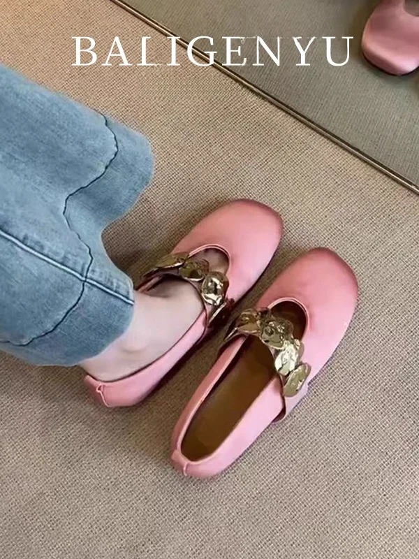 

Sheepskin Mary Jane Ballet Flats Slip-On Shoes with Buckle Design Square Head Inner Heightening Lightweight Fashion Shoes