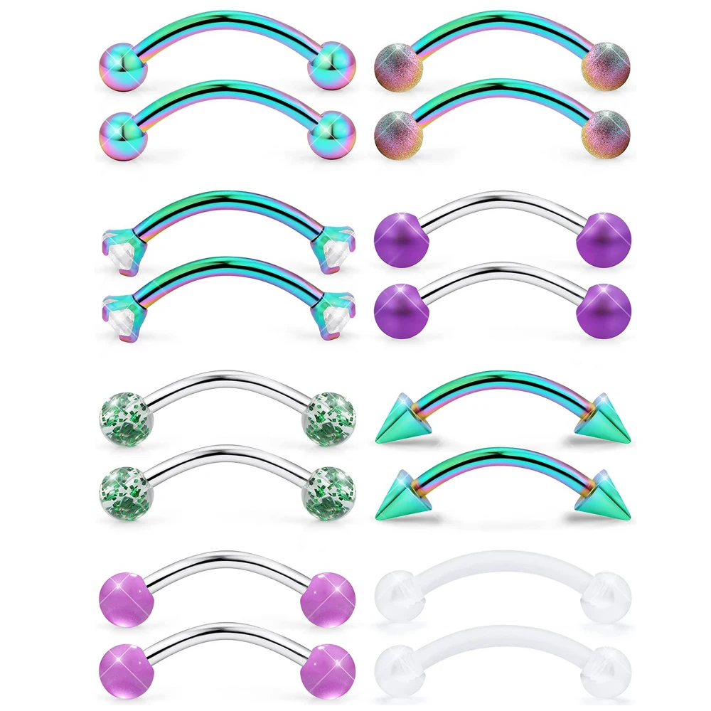 16 pièces sourcil Piercing bijoux acier chirurgical incurvé haltère sourcil anneau Vertical Labret lèvre oreille Rook nombril petit nombril