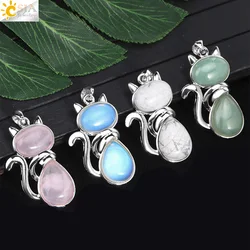 Natural Stone Pendant Cute Cat Pendants Suspension for Girl Amethyst Tiger Eye Green Aventurine Pink Crystal Cat Jewelry F072