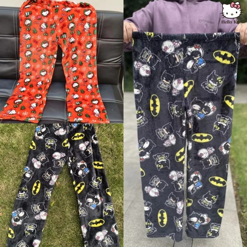 Novo sanrio hello kitty y2k estilo outono batman calças de pijama dos desenhos animados hip hop senhora quente casual flanela calças de inverno presentes de natal