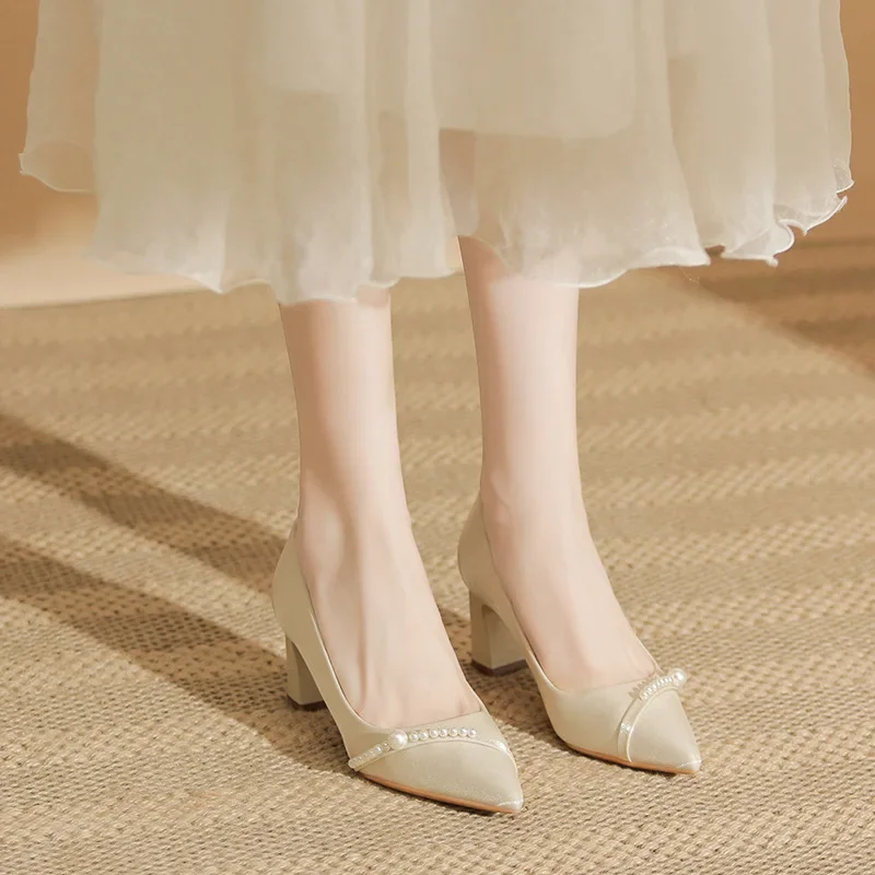 

6cm New Fashion Shallow Mouth High Heels Wedding Party Women Beige Shoes 41 42 43