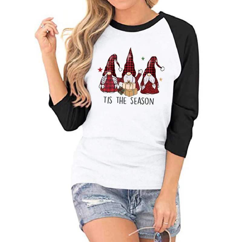 Christmas Gnomes Tis The Season Print Seven Sleeves Shirts Women Summer Lovely Seven Sleeves Shirts Round Neck Creative T Shirts
