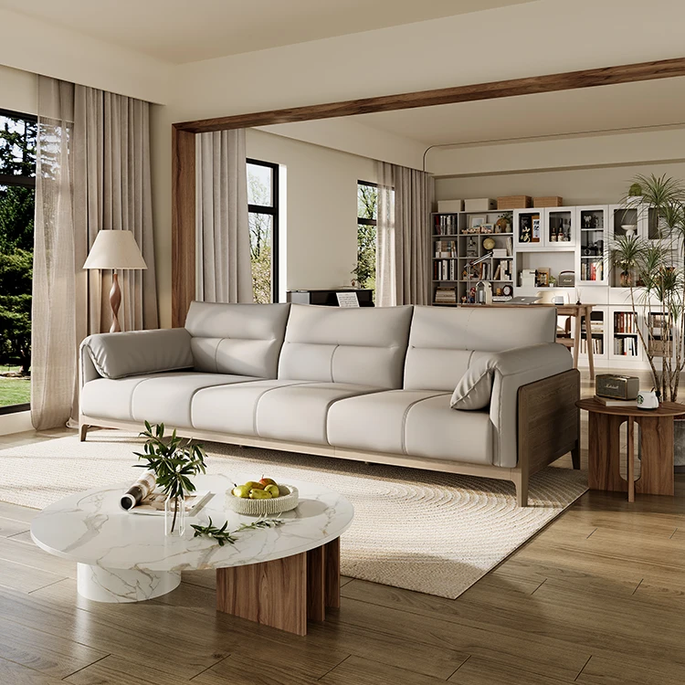 Modern Three-Seater Recliner Sectional Sofa Set High Quality Genuine Leather Wood Chair Rectangle Shape for Hotels Apartments