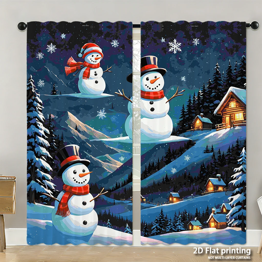 

2-piece set of high-definition digital printed curtainswinter snowman redscarf blacktop hat night sky snowflakes snow covered tr