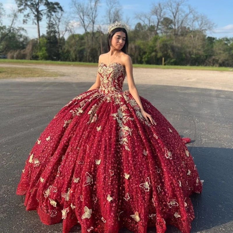 

EVLAST Red Ball Gown Quinceanera Dress Gold Applique Bow Crystal Beading Ribbons Corset Sweet 16 Dress Vestido De 15Anos TQD061