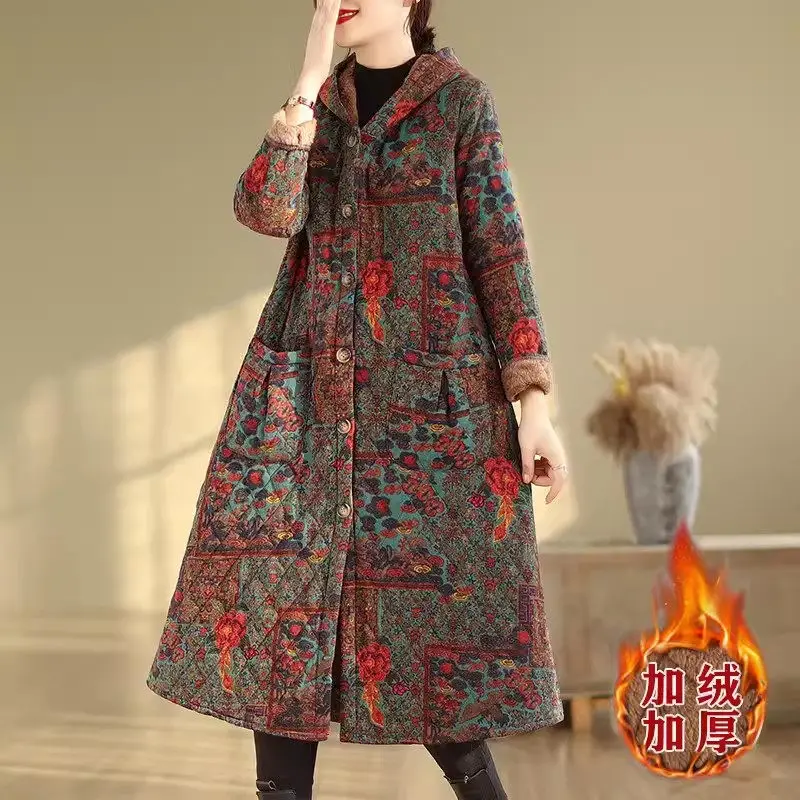 2024 Kapuze große Damen bekleidung dicke Plüsch Baumwoll jacke Retro ethnischen Stil Blumen warm Herbst Winter Fleece Mantel k2389